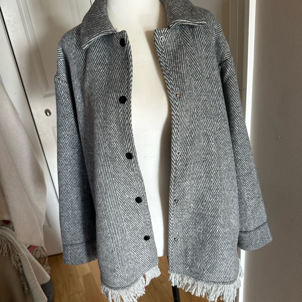 Wool blend Sage Gray Herringbone Coat with Fringe